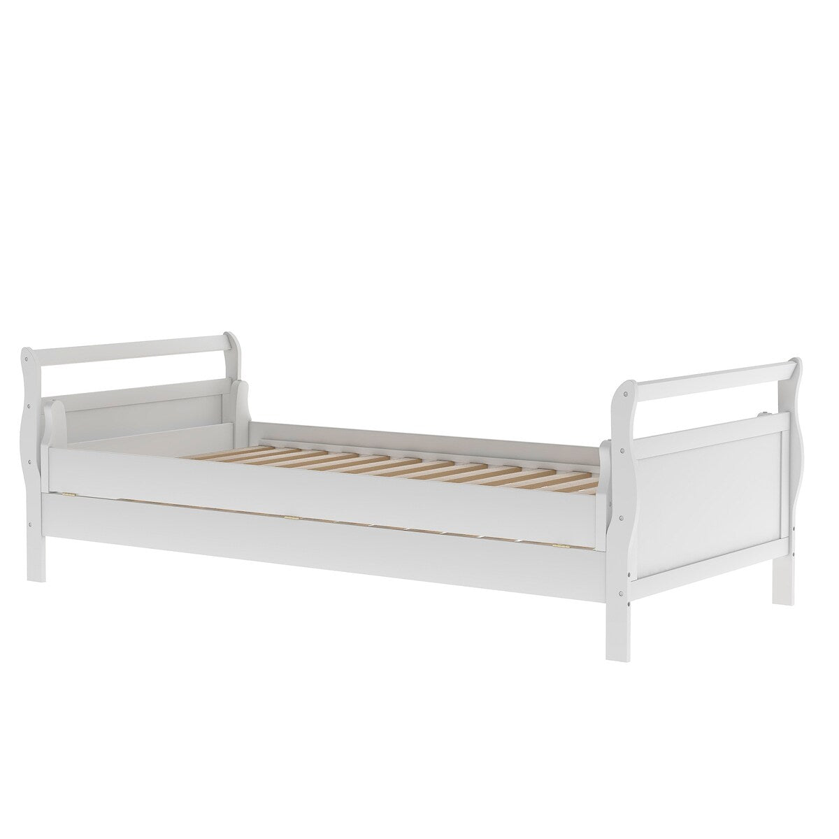 Classic Style Pine Wood Collapsible Platform Bed with 1 Under-bed Trundle, Twin, White