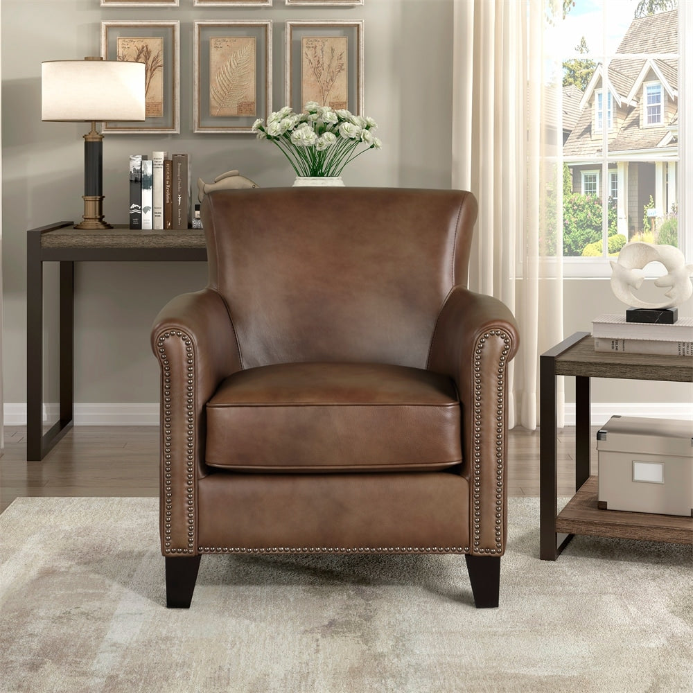 Classic Traditional Accent Chair Solid Wood frame Top-Grain Leather