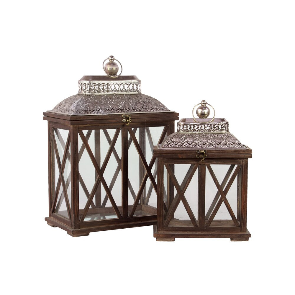 Classic & Traditional Wooden Lantern (Set Of 2) In Antique Brown Finish With Crossed W