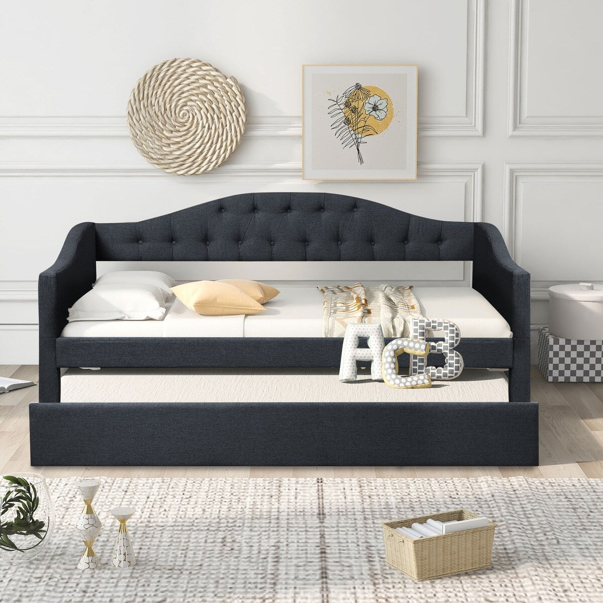 Classic Twin Size Comfy Upholstered Daybed w/ Trundle Bunk Bed Frame