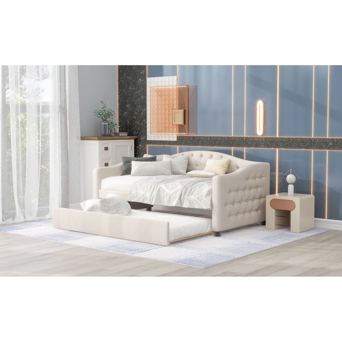 Classic Twin Size Comfy Upholstered Daybed w/ Trundle Bunk Bed Frame