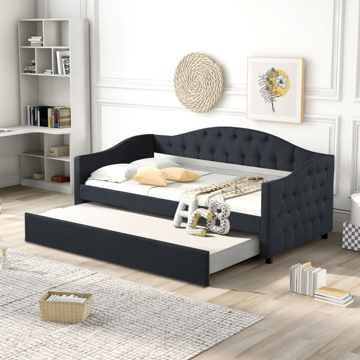Classic Twin Size Comfy Upholstered Daybed w/ Trundle Bunk Bed Frame