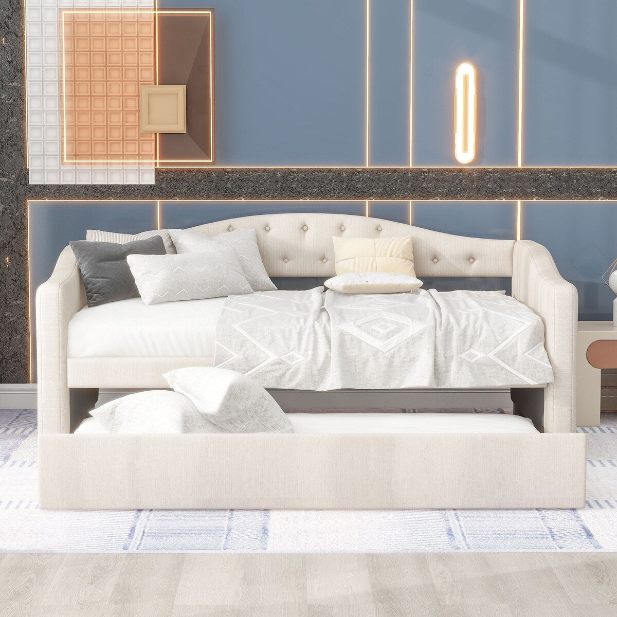 Classic Twin Size Comfy Upholstered Daybed w/ Trundle Bunk Bed Frame