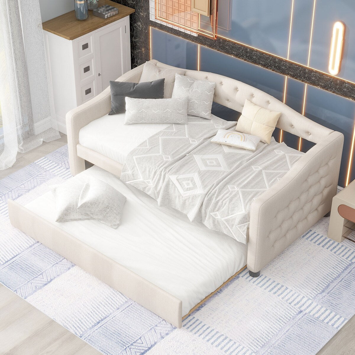 Classic Twin Size Comfy Upholstered Daybed w/ Trundle Bunk Bed Frame