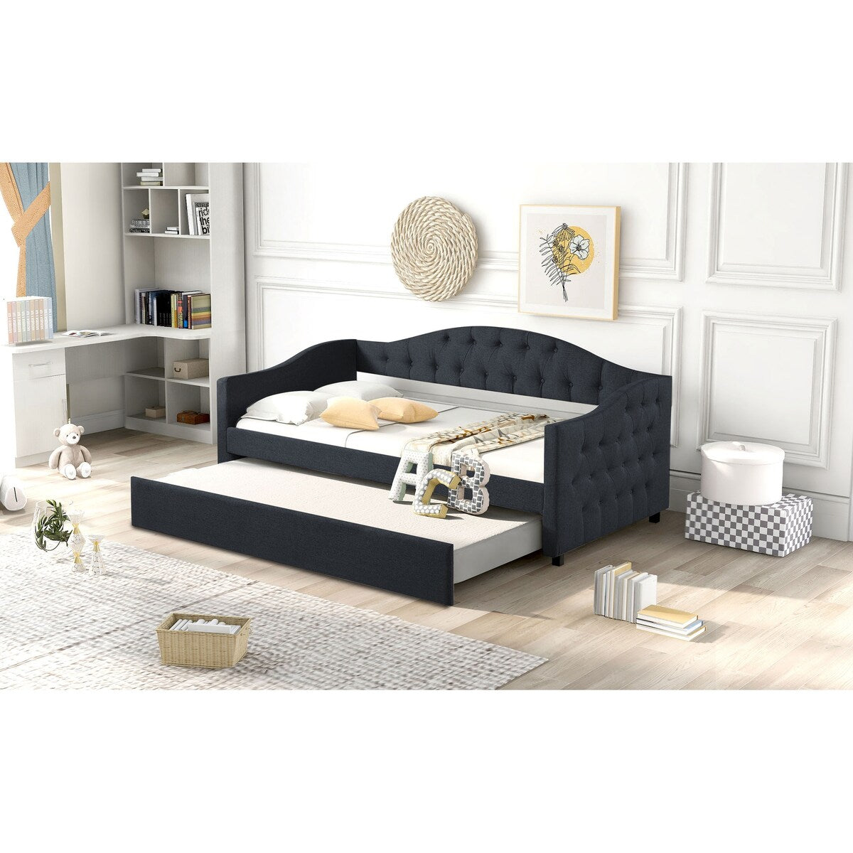 Classic Twin Size Comfy Upholstered Daybed w/ Trundle Bunk Bed Frame