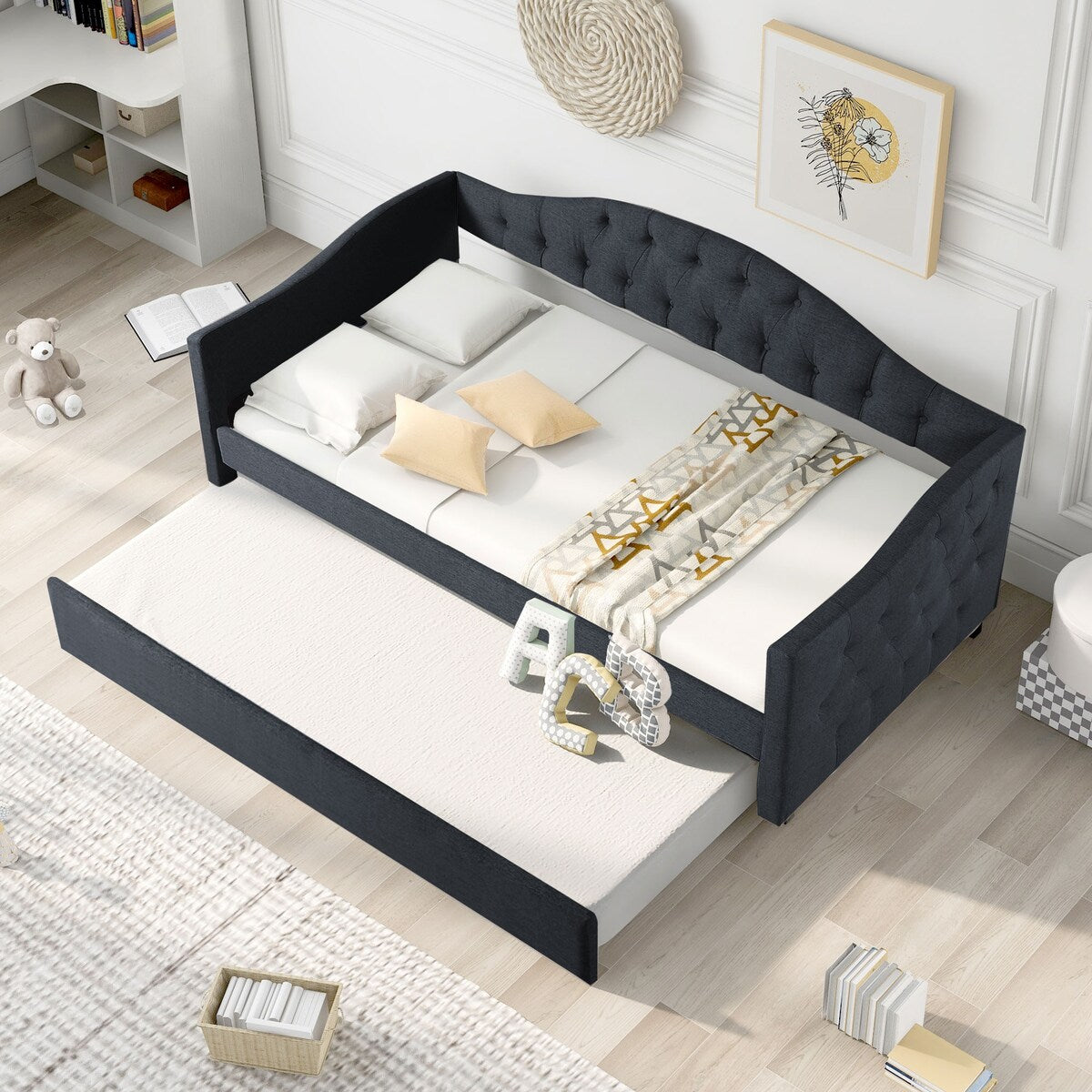 Classic Twin Size Comfy Upholstered Daybed w/ Trundle Bunk Bed Frame