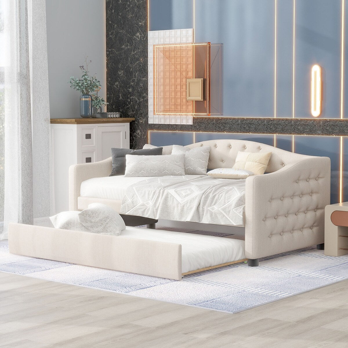 Classic Twin Size Comfy Upholstered Daybed w/ Trundle Bunk Bed Frame