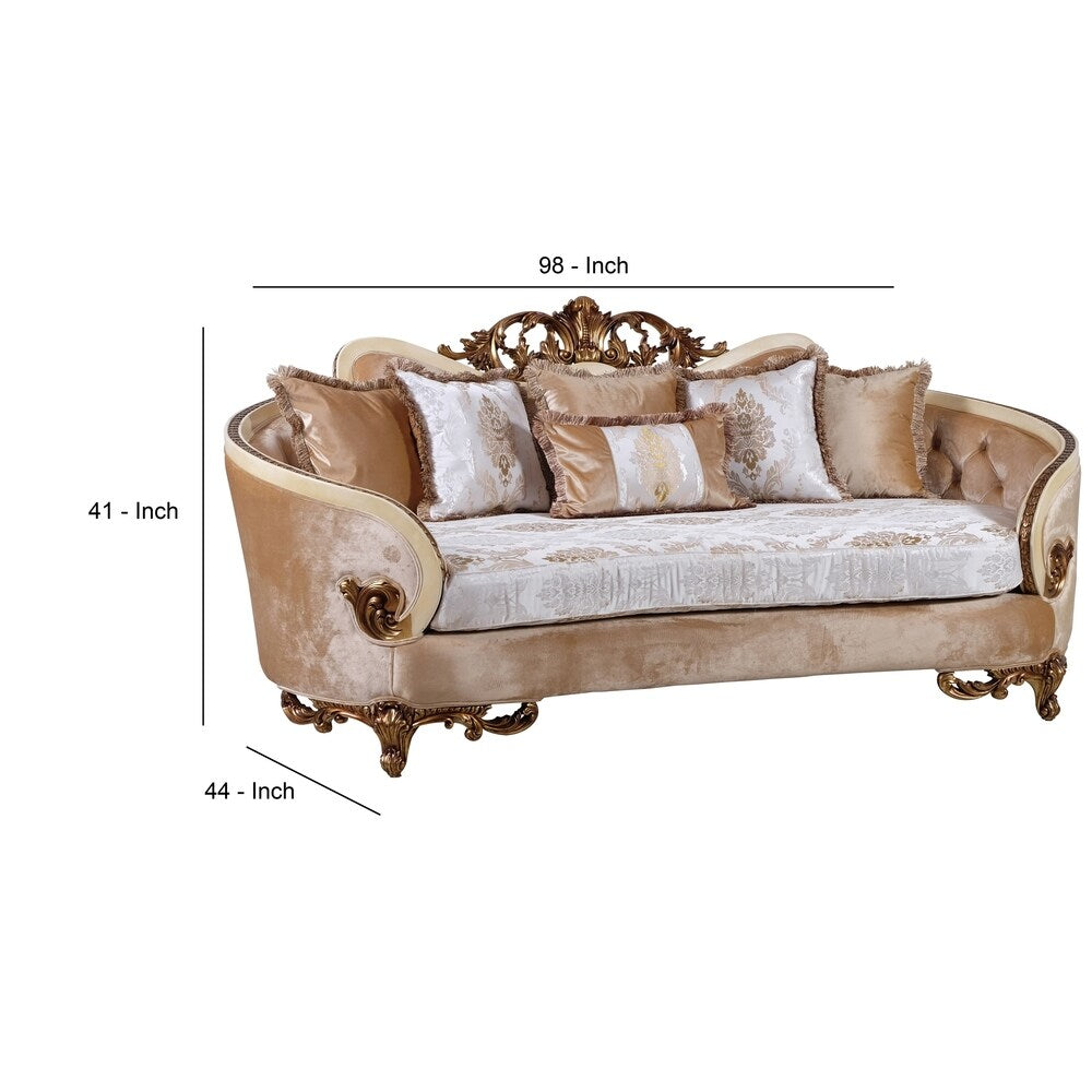 Classic Wooden Curved Sofa with Intricate Engravings, Cream and Beige