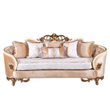 Classic Wooden Curved Sofa with Intricate Engravings, Cream and Beige