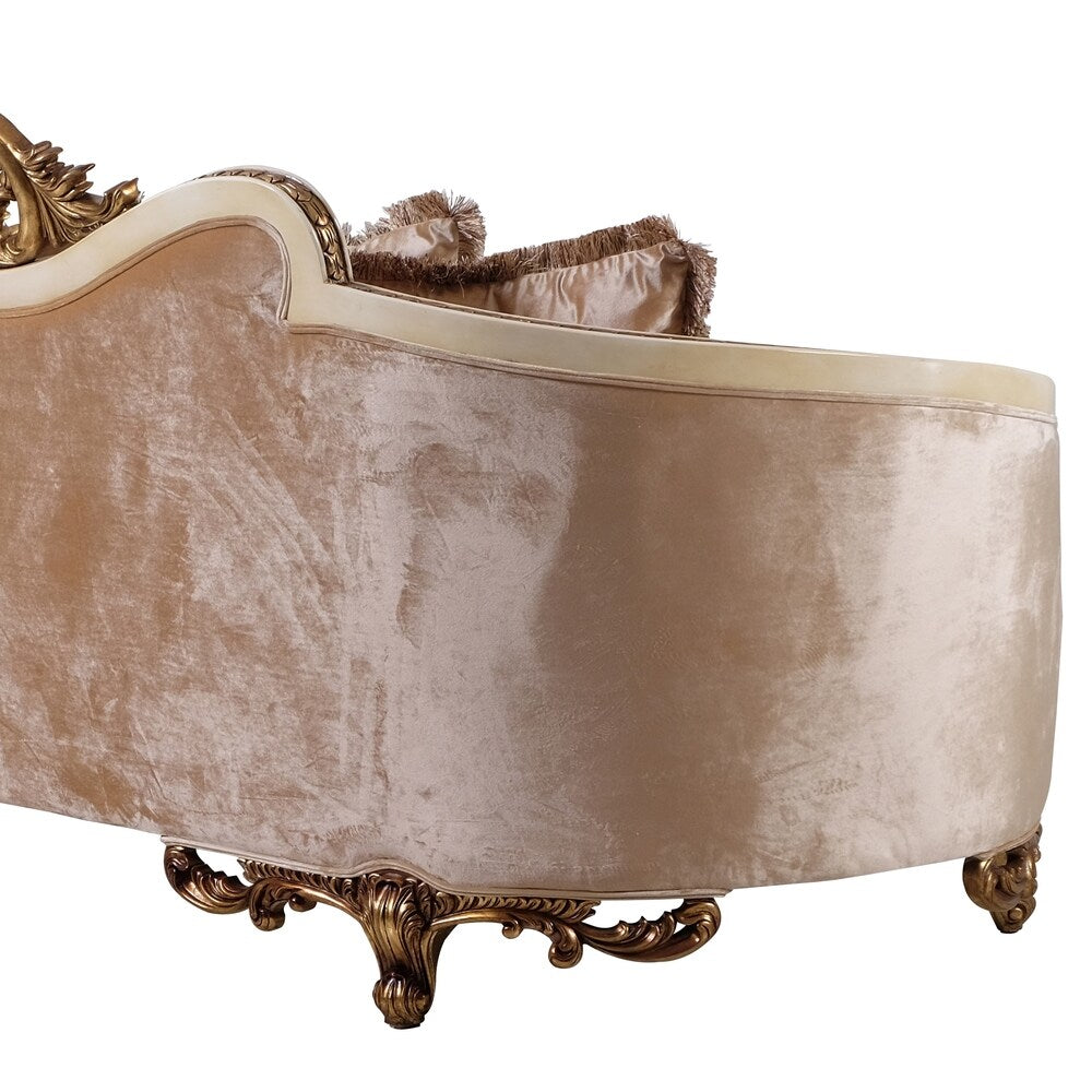 Classic Wooden Curved Sofa with Intricate Engravings, Cream and Beige