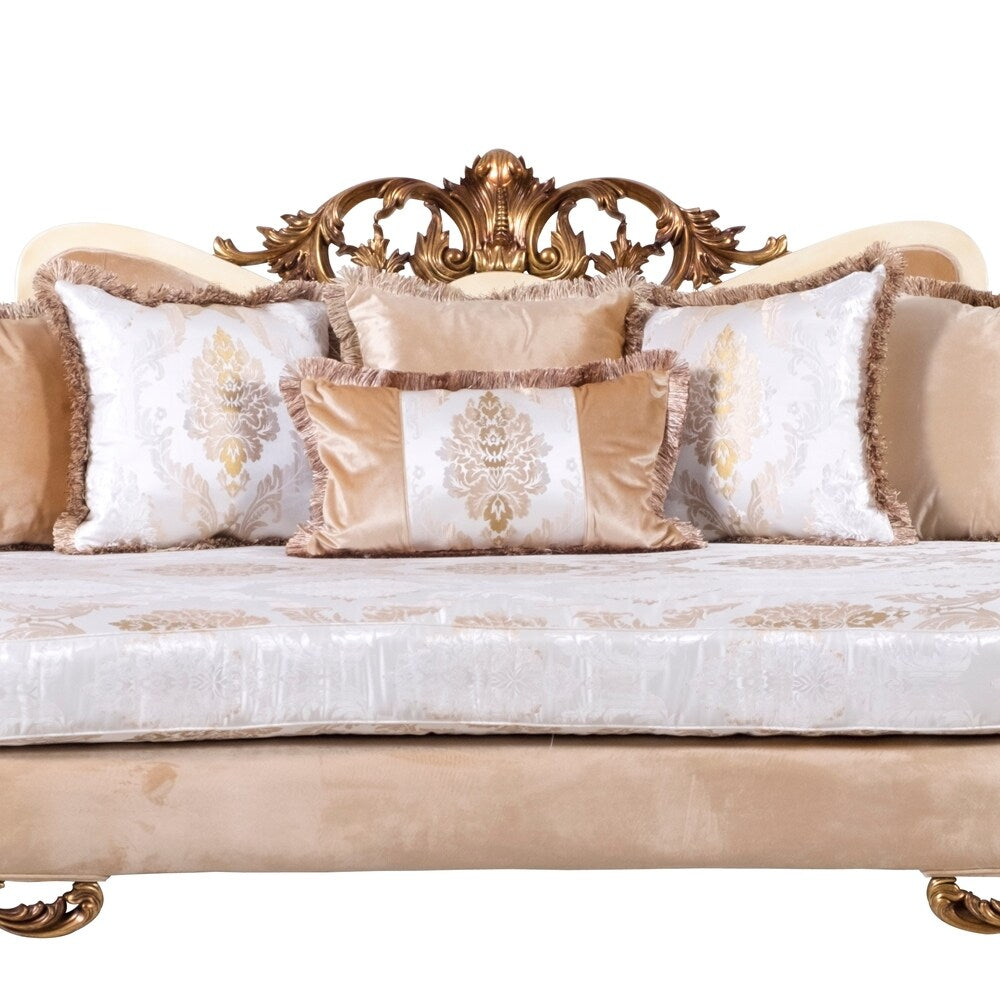 Classic Wooden Curved Sofa with Intricate Engravings, Cream and Beige