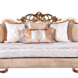 Classic Wooden Curved Sofa with Intricate Engravings, Cream and Beige