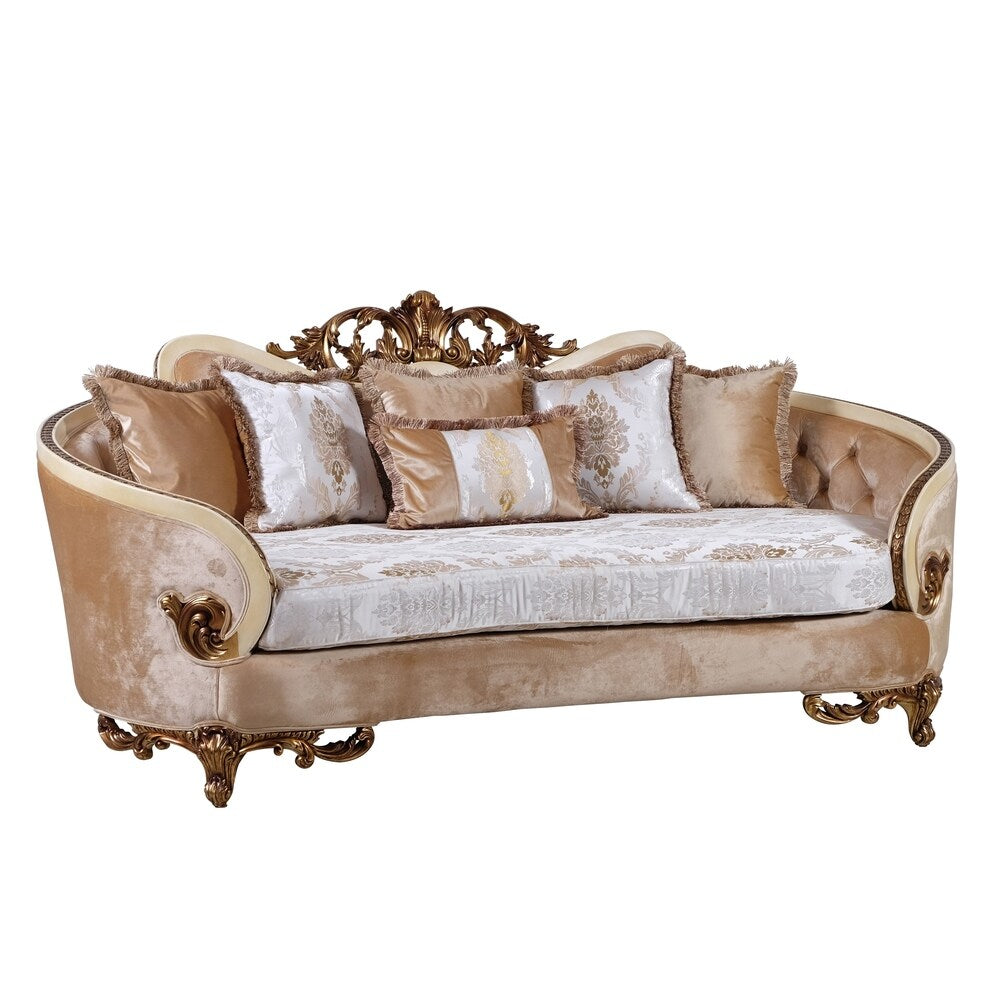Classic Wooden Curved Sofa with Intricate Engravings, Cream and Beige