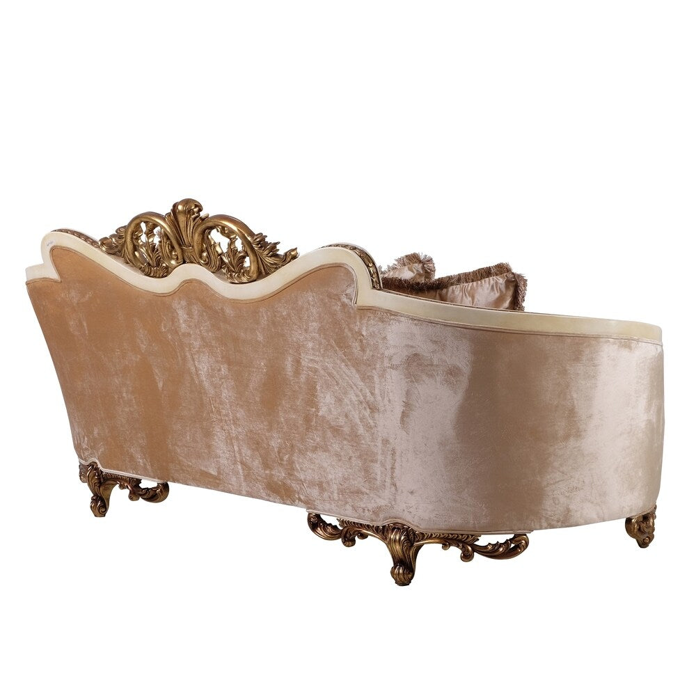 Classic Wooden Curved Sofa with Intricate Engravings, Cream and Beige