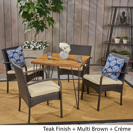 Clayton Outdoor Industrial Wood and Wicker 5 Piece Square Dining Set by Christopher Knight Home