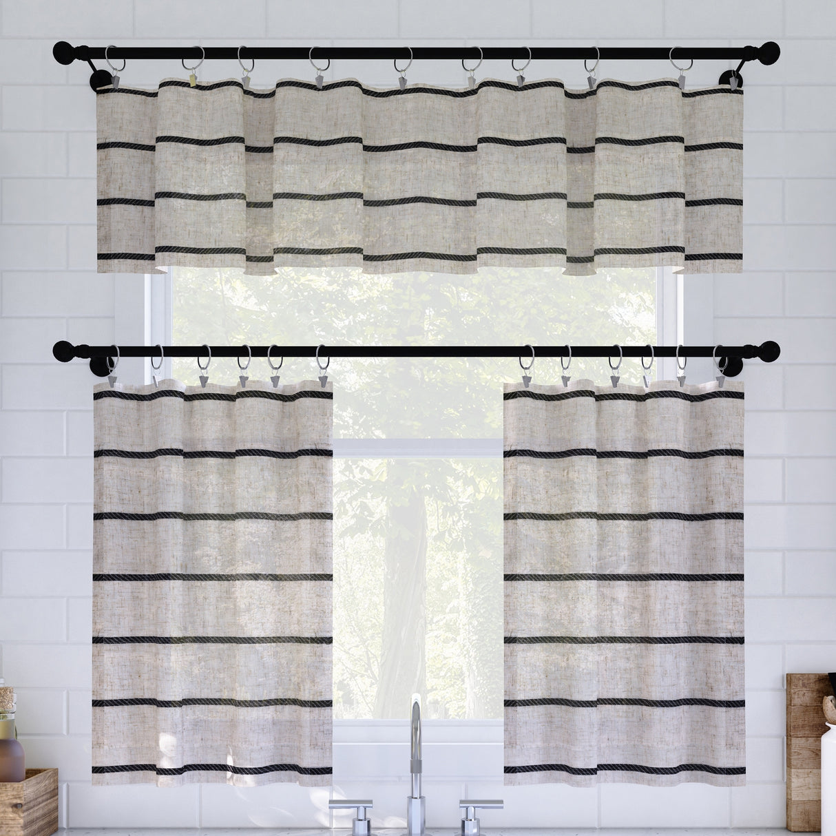 Clean Window Twill Stripe Anti-Dust Linen Blend Sheer Cafe Curtain Valance