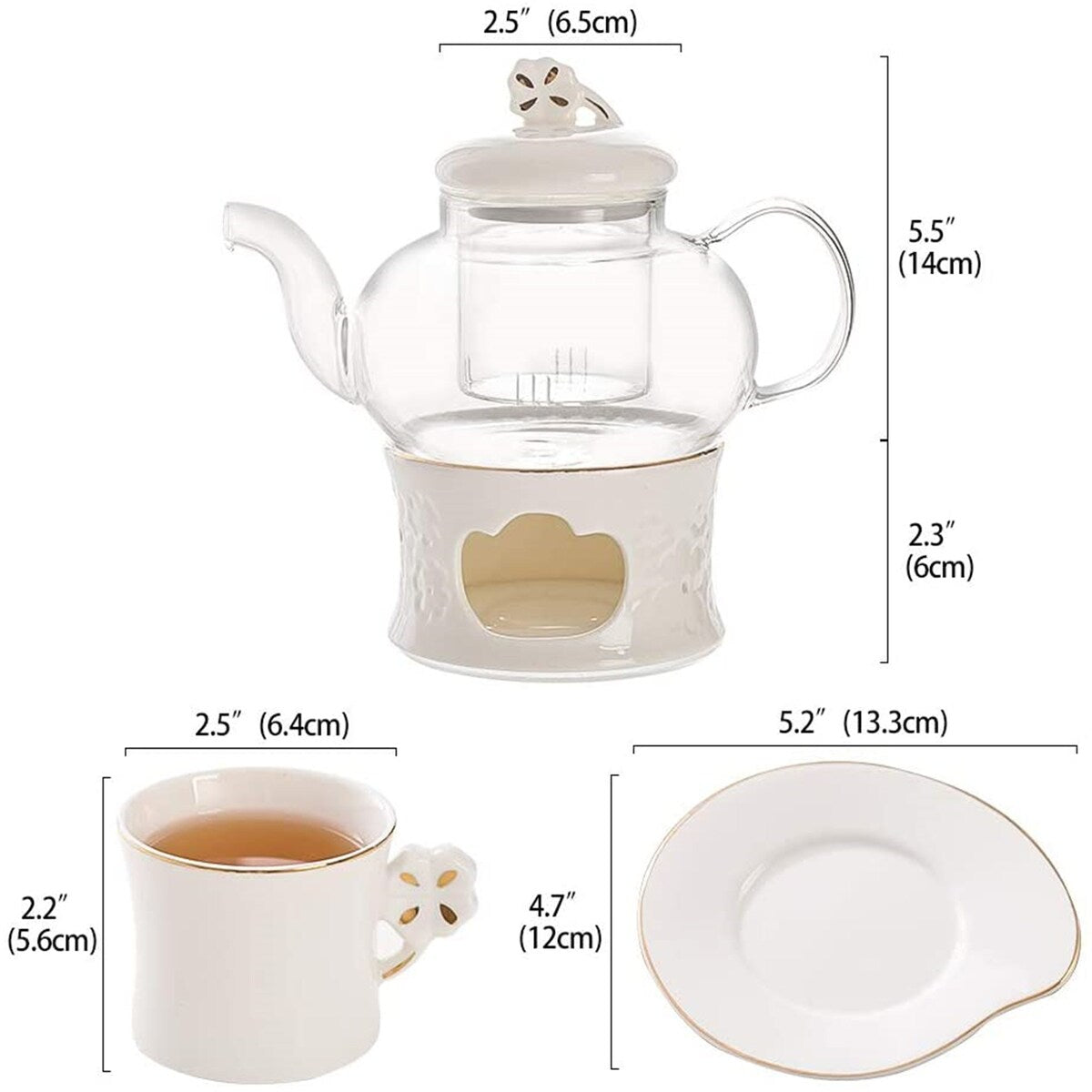 Clear Glass Teapot Tea Set ,Includes 4 Small Ceramic Tea Cups and Saucers 1 Ceramic Warmer Base,Glass Tea Kettle with Strainer