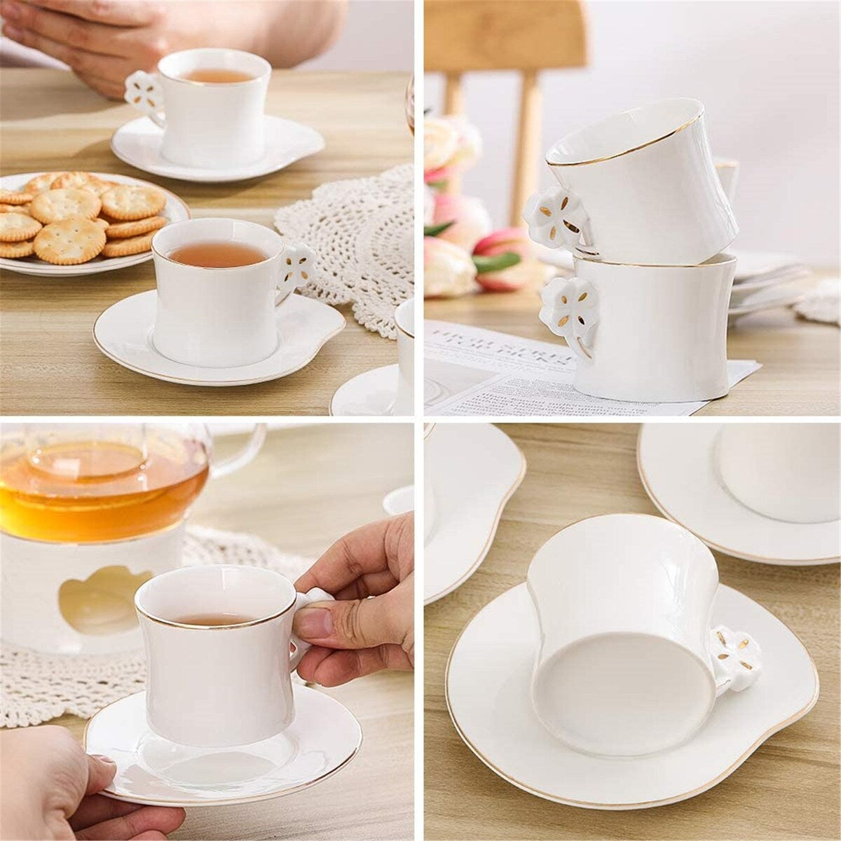 Clear Glass Teapot Tea Set ,Includes 4 Small Ceramic Tea Cups and Saucers 1 Ceramic Warmer Base,Glass Tea Kettle with Strainer