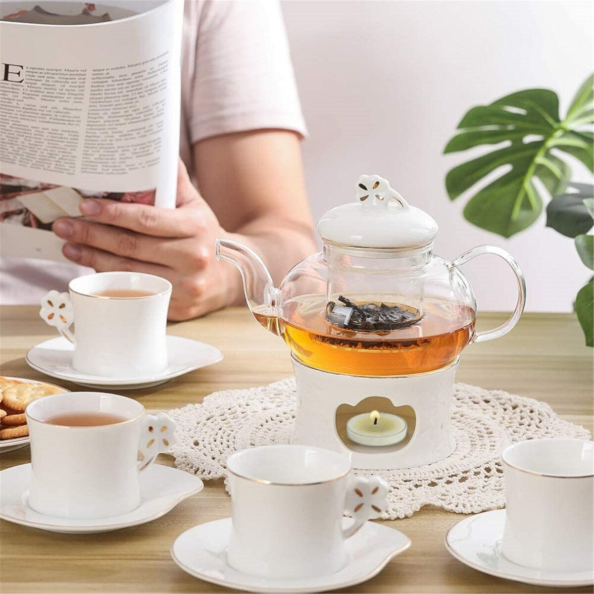 Clear Glass Teapot Tea Set ,Includes 4 Small Ceramic Tea Cups and Saucers 1 Ceramic Warmer Base,Glass Tea Kettle with Strainer
