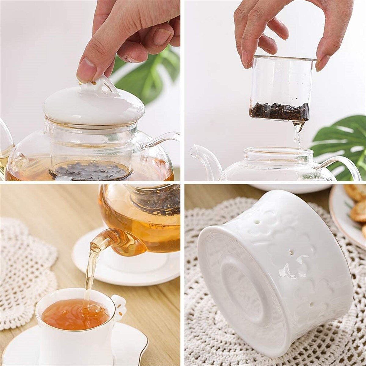 Clear Glass Teapot Tea Set ,Includes 4 Small Ceramic Tea Cups and Saucers 1 Ceramic Warmer Base,Glass Tea Kettle with Strainer