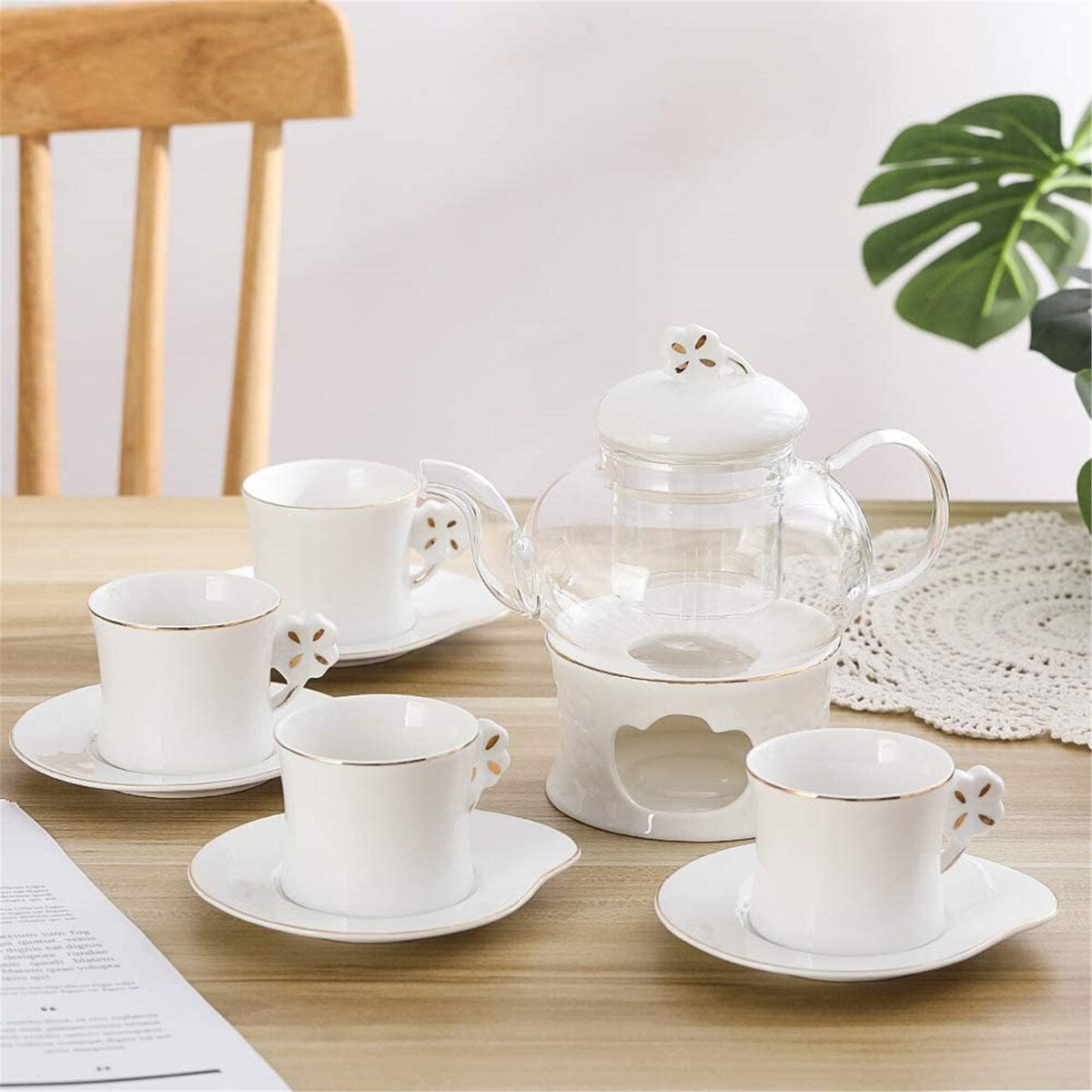 Clear Glass Teapot Tea Set ,Includes 4 Small Ceramic Tea Cups and Saucers 1 Ceramic Warmer Base,Glass Tea Kettle with Strainer