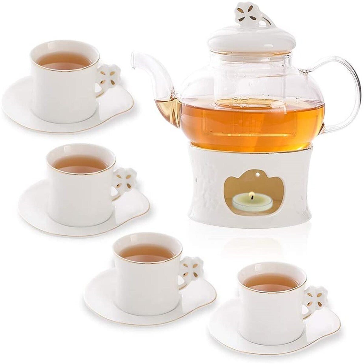 Clear Glass Teapot Tea Set ,Includes 4 Small Ceramic Tea Cups and Saucers 1 Ceramic Warmer Base,Glass Tea Kettle with Strainer