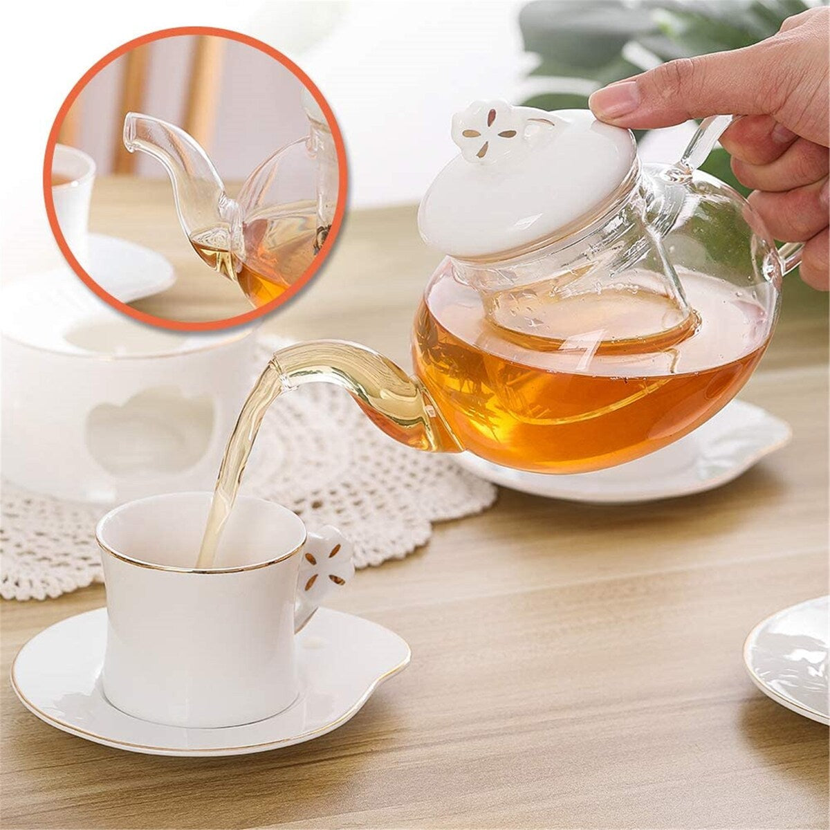 Clear Glass Teapot Tea Set ,Includes 4 Small Ceramic Tea Cups and Saucers 1 Ceramic Warmer Base,Glass Tea Kettle with Strainer