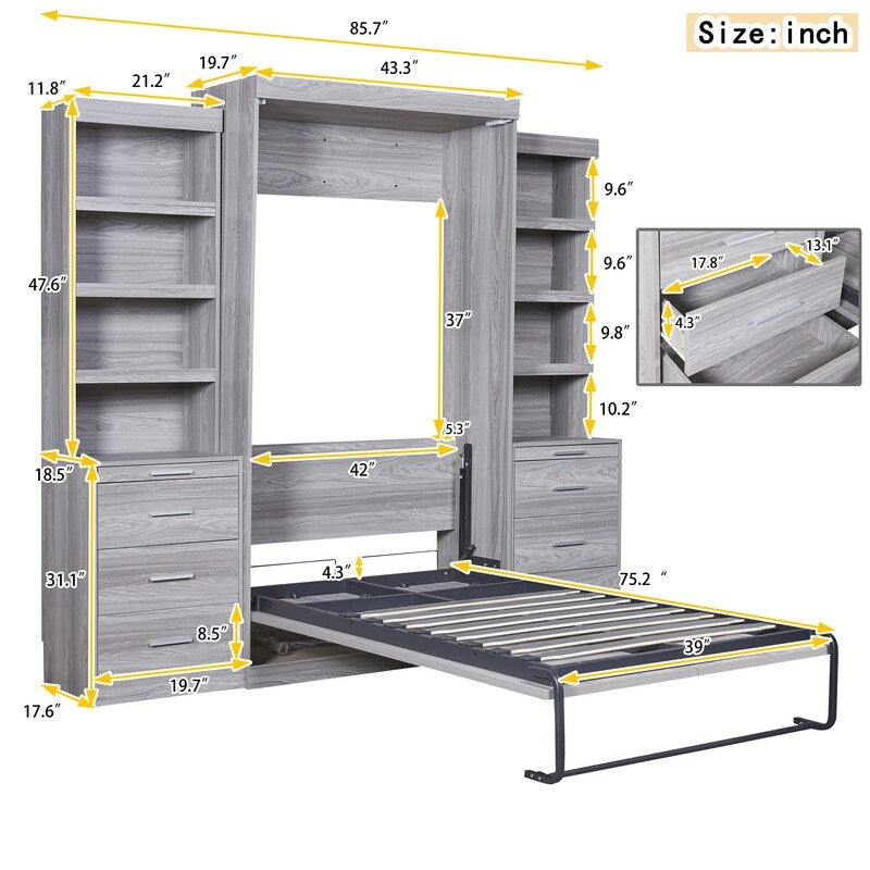 Clever Design Solid Wood Frame Twin Size Murphy Bed with Storage Shelves and Drawers Space-saving Bedroom Furniture, Gray