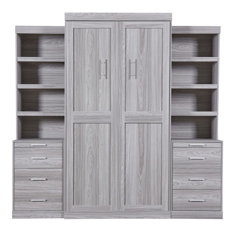 Clever Design Solid Wood Frame Twin Size Murphy Bed with Storage Shelves and Drawers Space-saving Bedroom Furniture, Gray