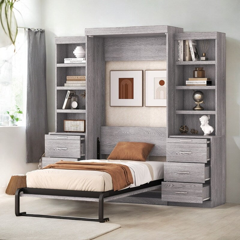 Clever Design Solid Wood Frame Twin Size Murphy Bed with Storage Shelves and Drawers Space-saving Bedroom Furniture, Gray