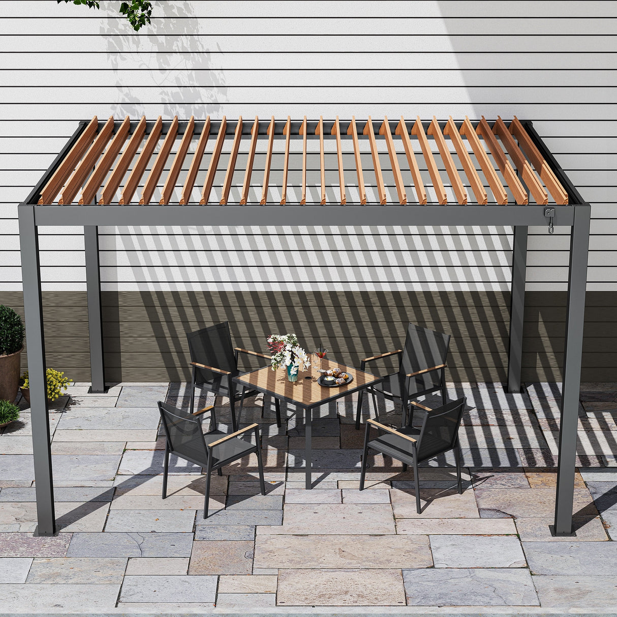 10'x13' Outdoor Louvered Pergola with Gutter Aluminum Gazebo Kit with Adjustable Roof