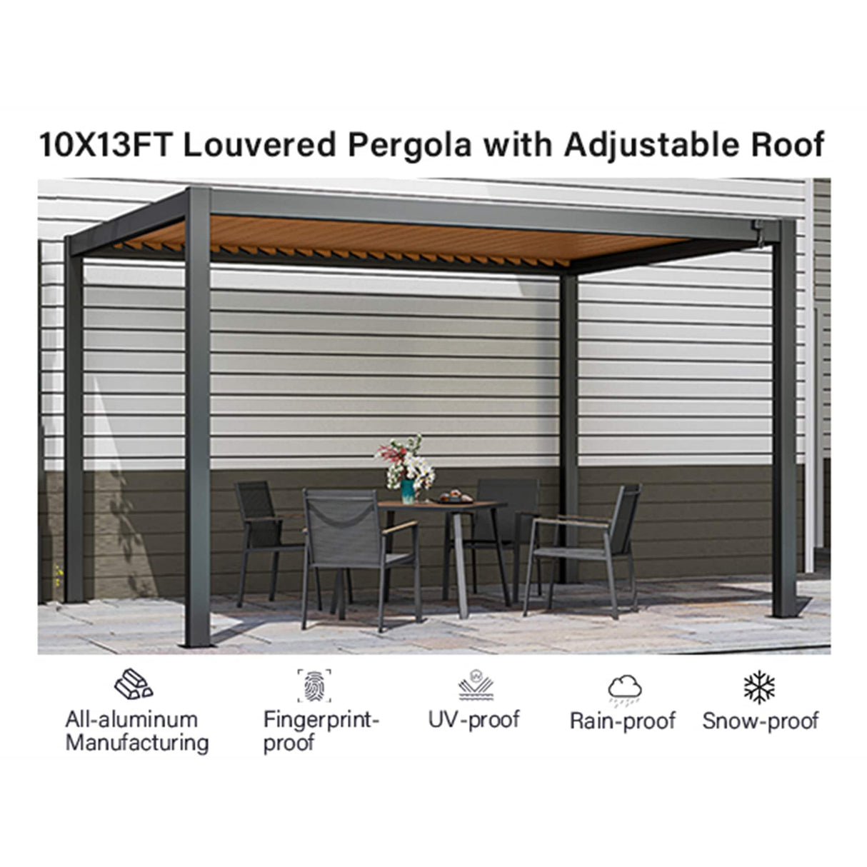 10'x13' Outdoor Louvered Pergola with Gutter Aluminum Gazebo Kit with Adjustable Roof