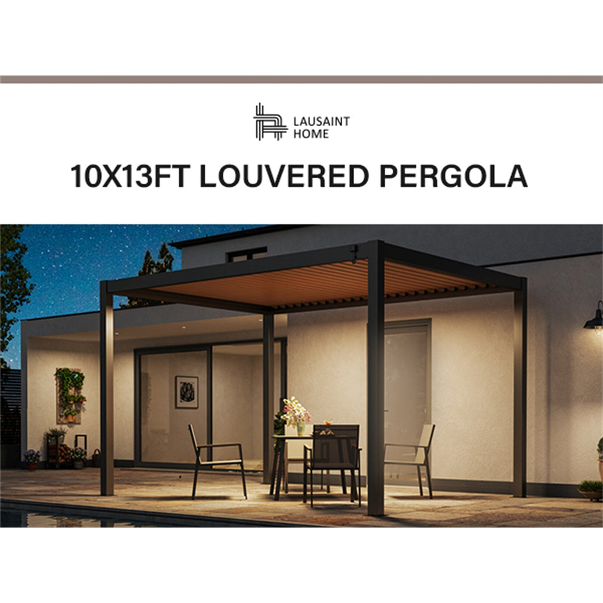 10'x13' Outdoor Louvered Pergola with Gutter Aluminum Gazebo Kit with Adjustable Roof