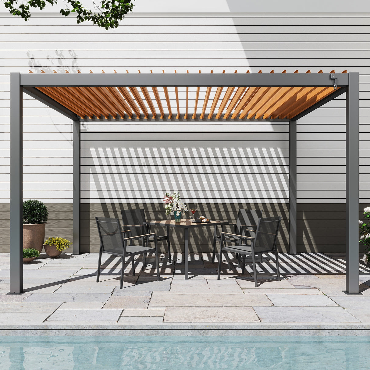 10'x13' Outdoor Louvered Pergola with Gutter Aluminum Gazebo Kit with Adjustable Roof