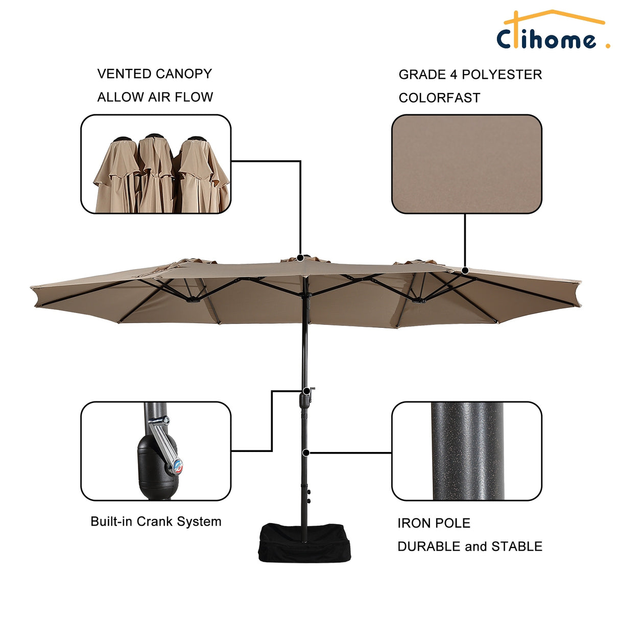Clihome 15Ft Double-Sided Patio Market Umbrella with Base