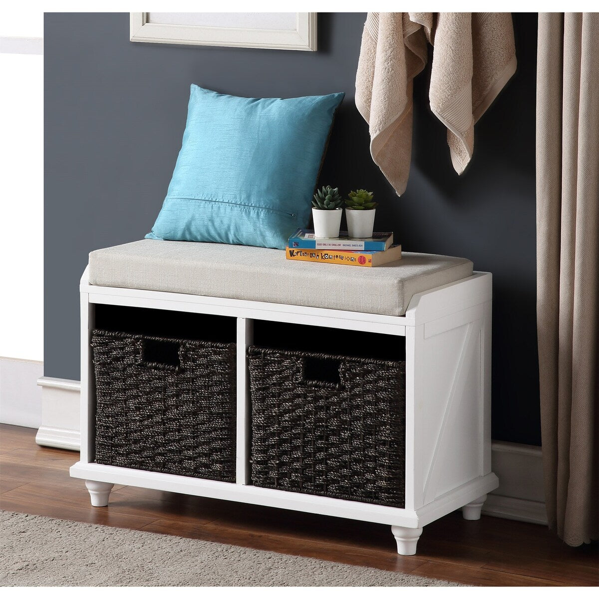 Clihome Homes Collection Wood Storage Bench with 2 Woven Baskets