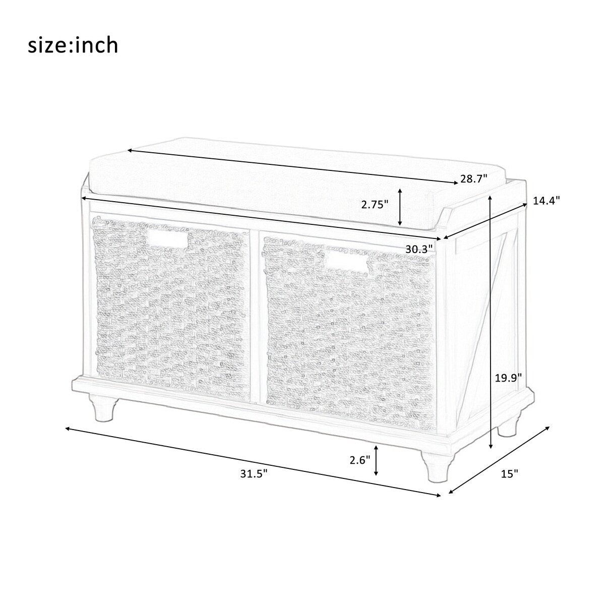 Clihome Homes Collection Wood Storage Bench with 2 Woven Baskets