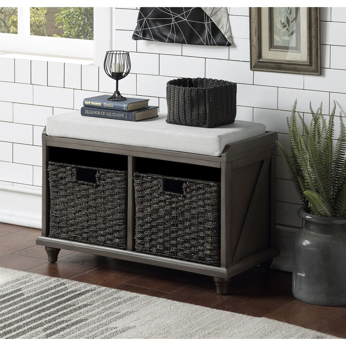 Clihome Homes Collection Wood Storage Bench with 2 Woven Baskets