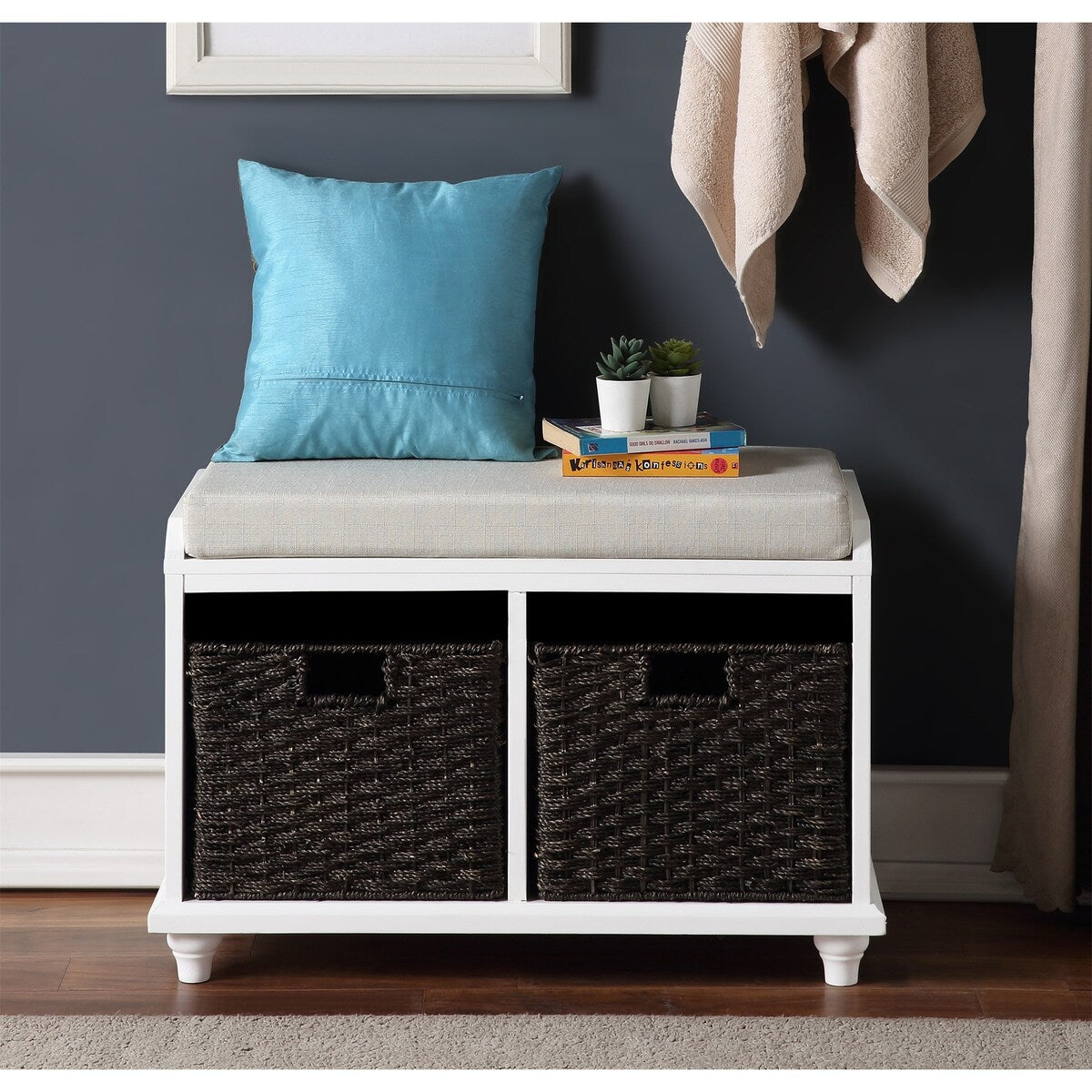 Clihome Homes Collection Wood Storage Bench with 2 Woven Baskets