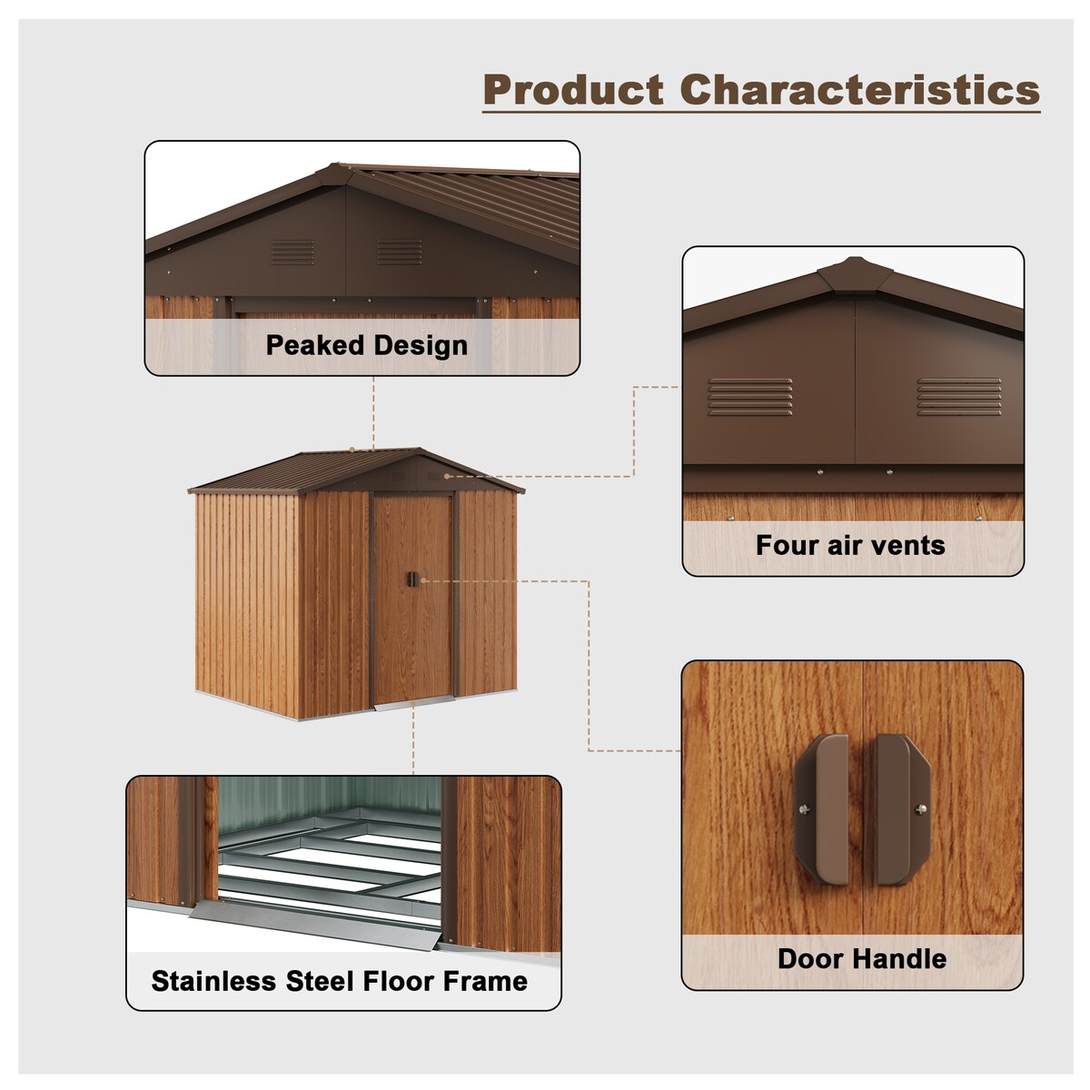 Clihome 6 x 8' Storage Shed Metal Imitation Wood Grain Tool Shed with Floor