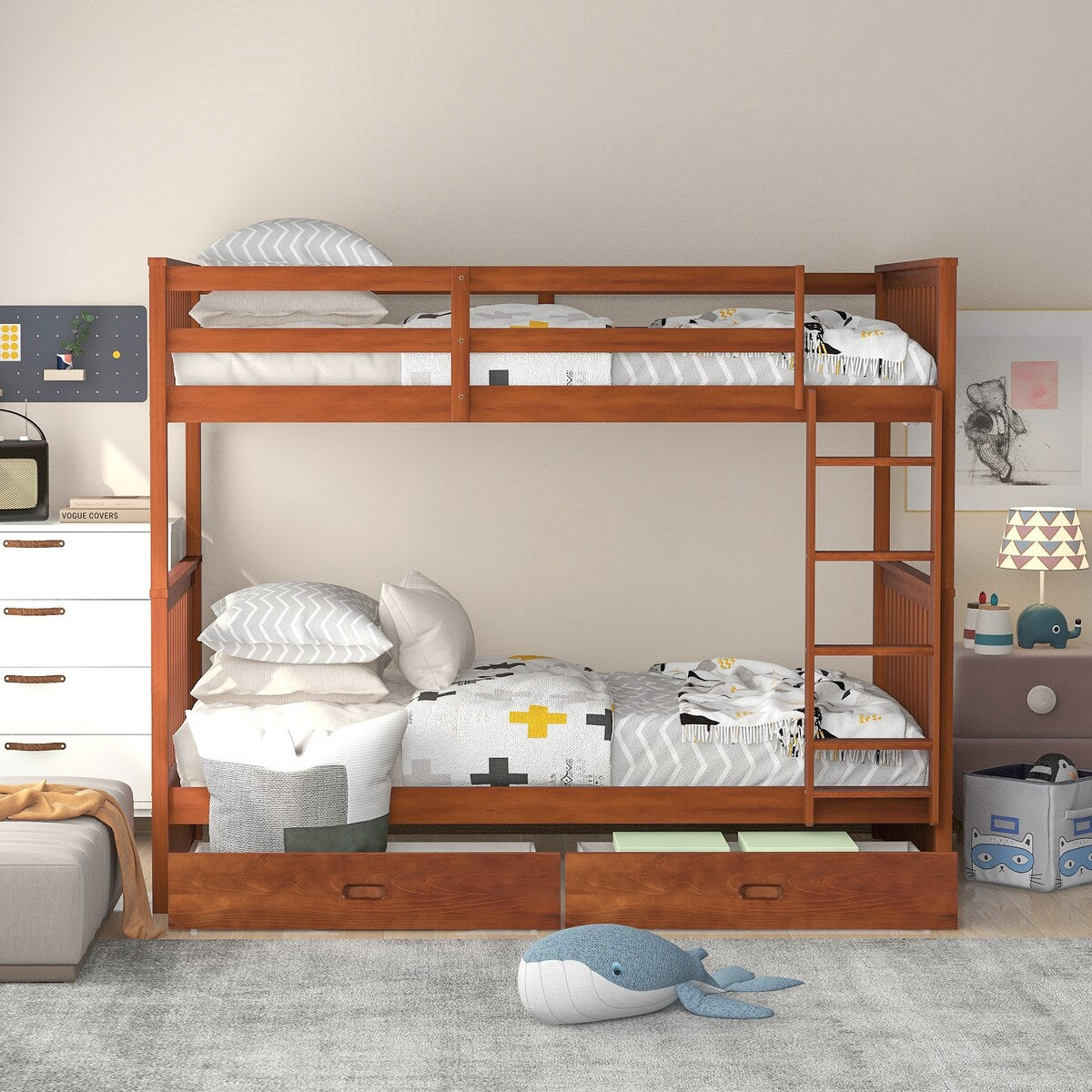 Clihome Wood Twin-Over-Twin Bunk Bed with Ladders