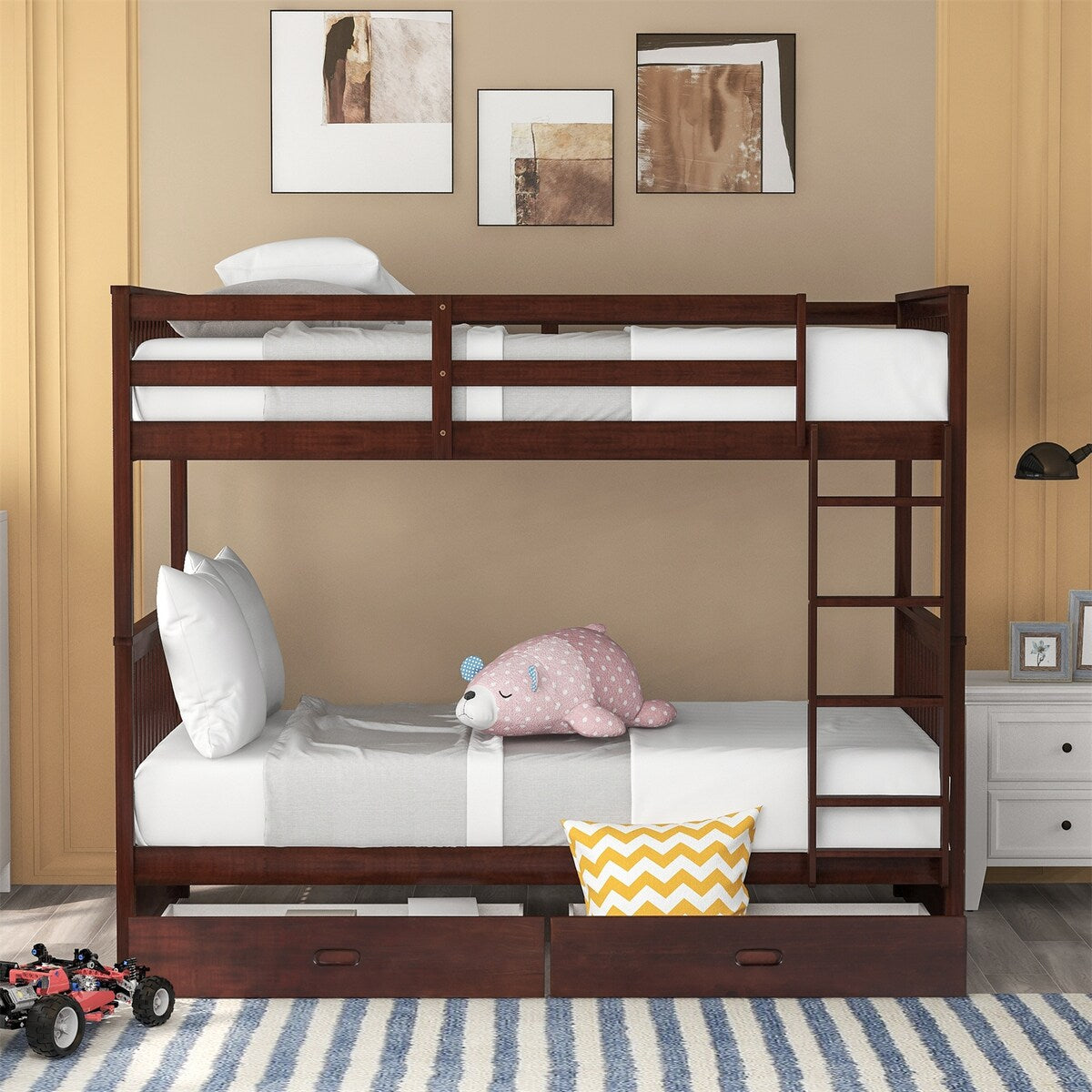 Clihome Wood Twin-Over-Twin Bunk Bed with Ladders