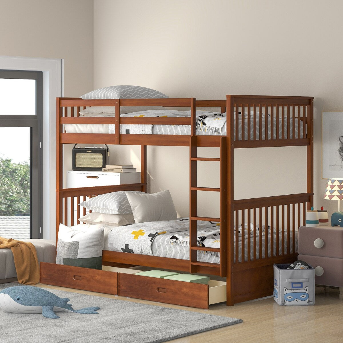 Clihome Wood Twin-Over-Twin Bunk Bed with Ladders
