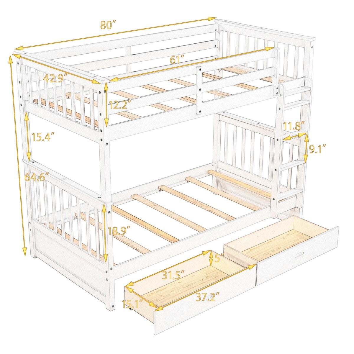 Clihome Wood Twin-Over-Twin Bunk Bed with Ladders
