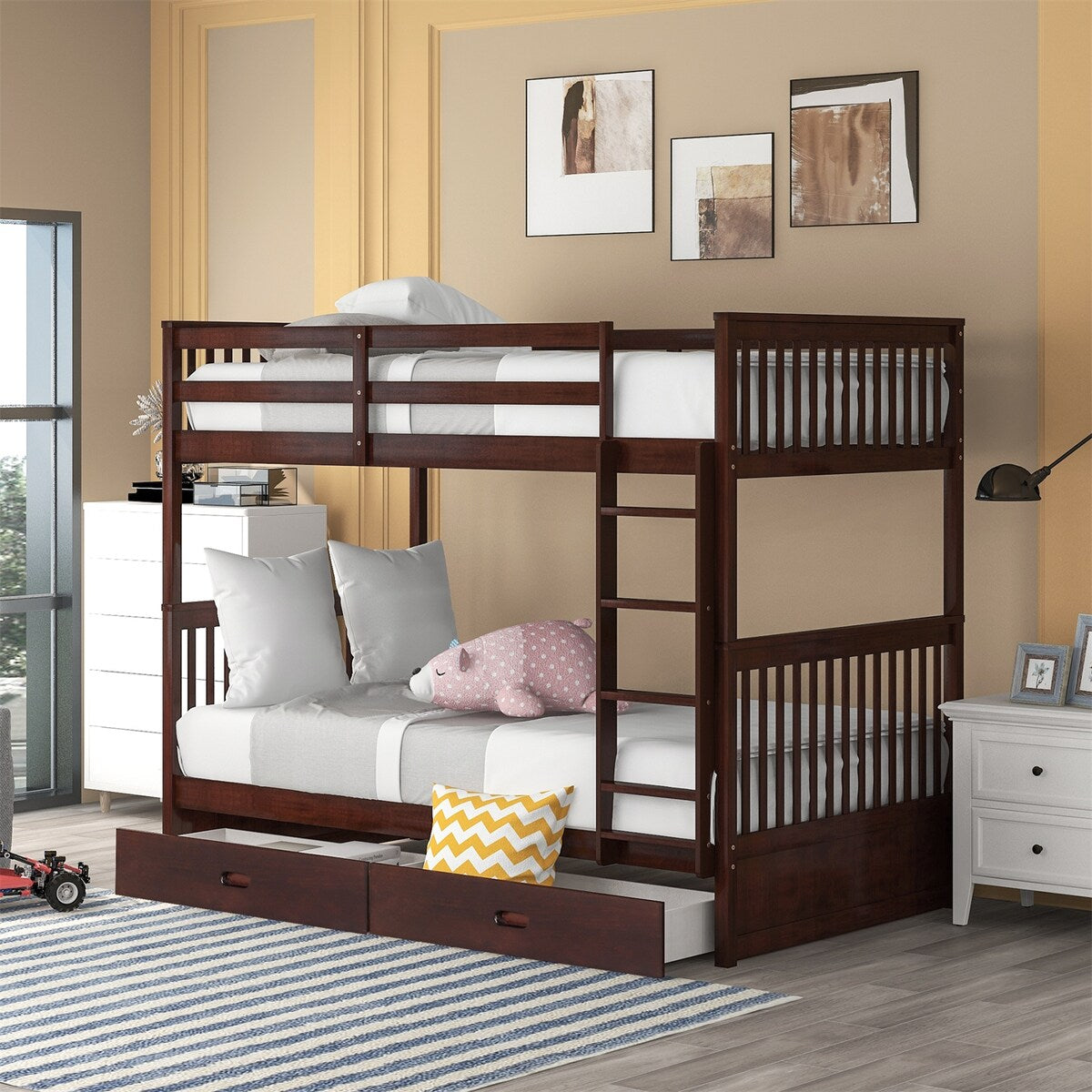Clihome Wood Twin-Over-Twin Bunk Bed with Ladders