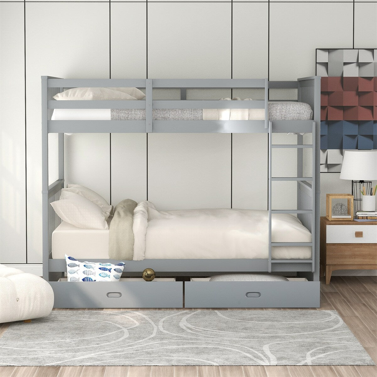 Clihome Wood Twin-Over-Twin Bunk Bed with Ladders