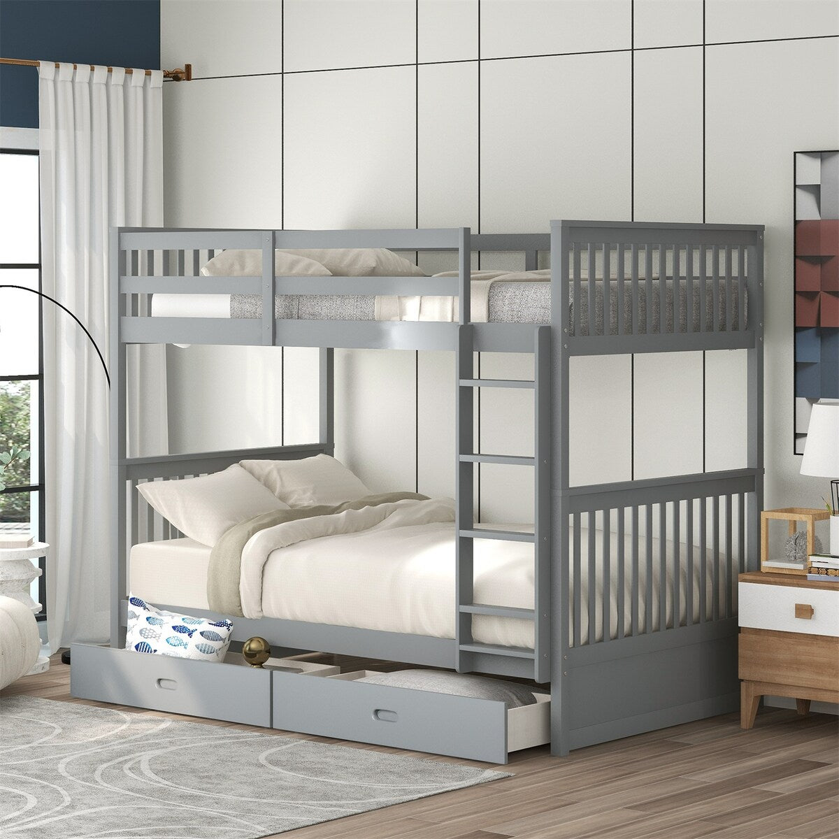 Clihome Wood Twin-Over-Twin Bunk Bed with Ladders