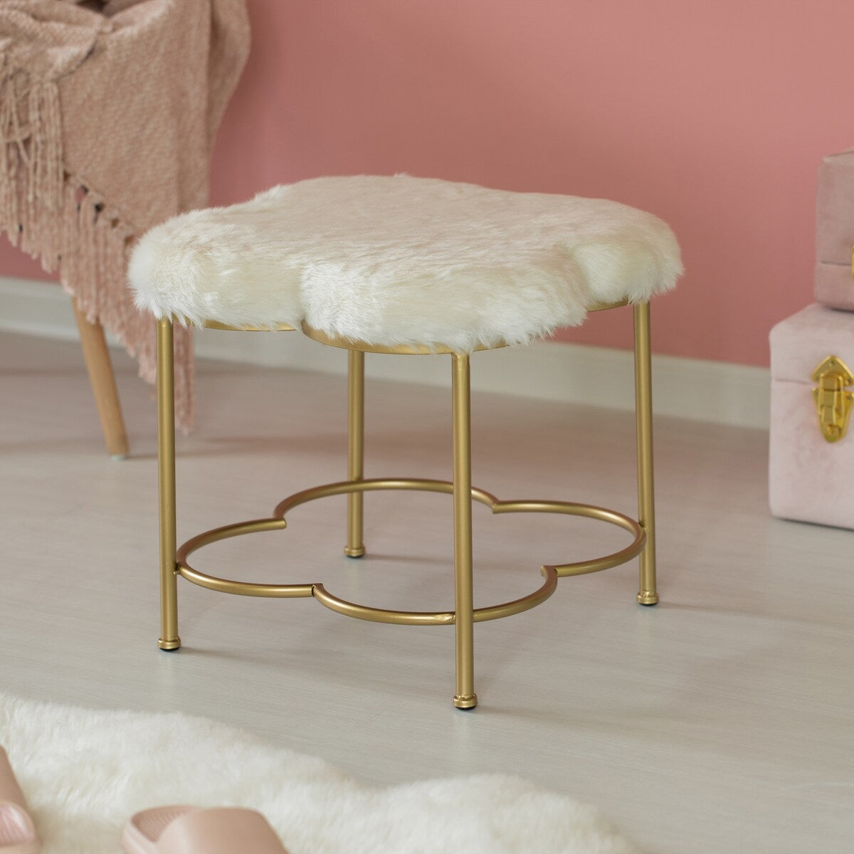 Cloud Shaped White Fur Gold Vanity Stool