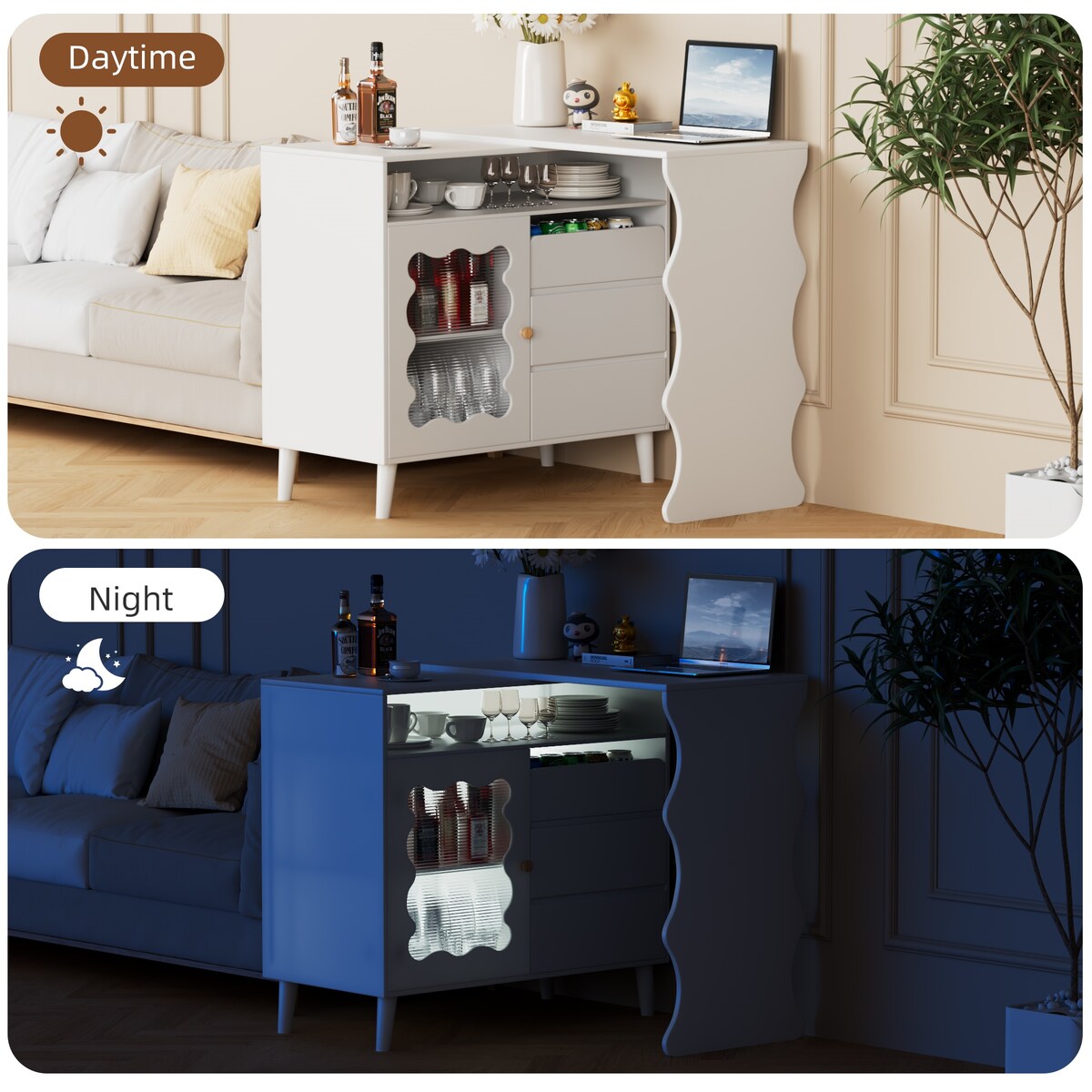 Cloud Wave Extendable Sofa Bar Table Cabinet Behind Couch Pub Table with LED