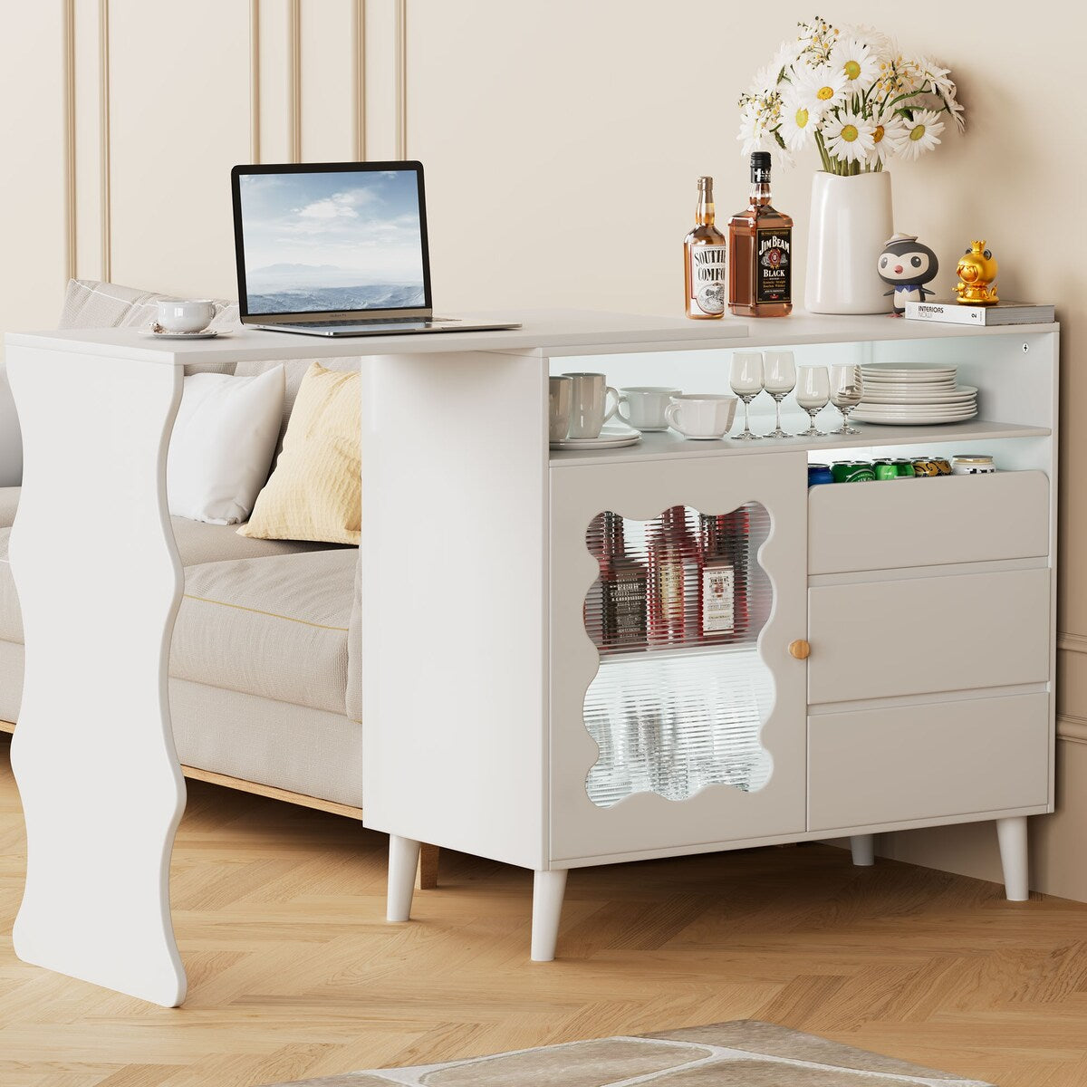 Cloud Wave Extendable Sofa Bar Table Cabinet Behind Couch Pub Table with LED